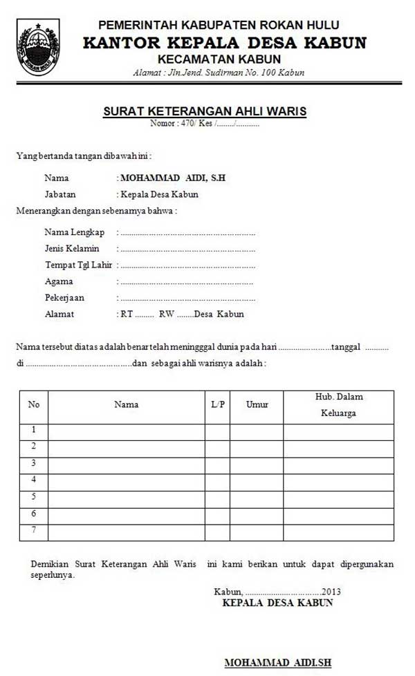 surat keterangan ahli waris